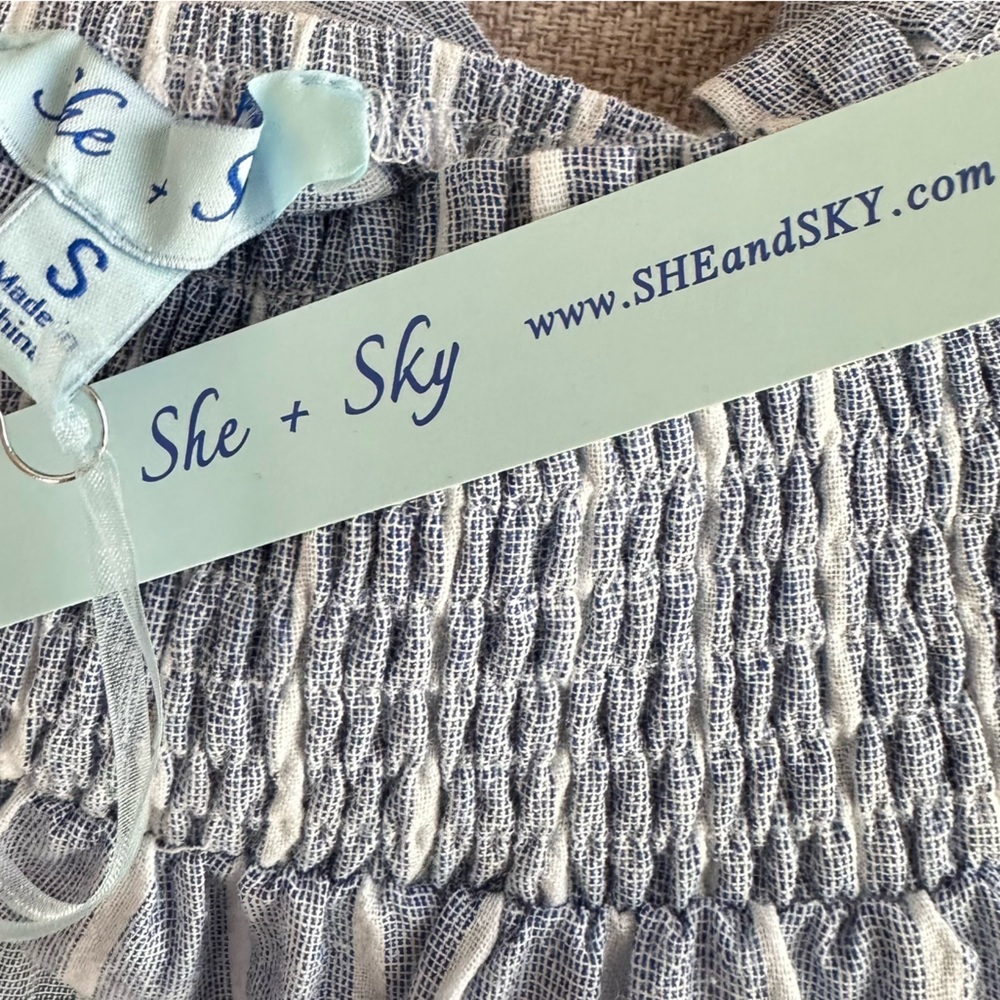 She and Sky Bow Front Detail Puff Sleeve Stripe Off the Shoulder Shirt - Picture 10 of 11